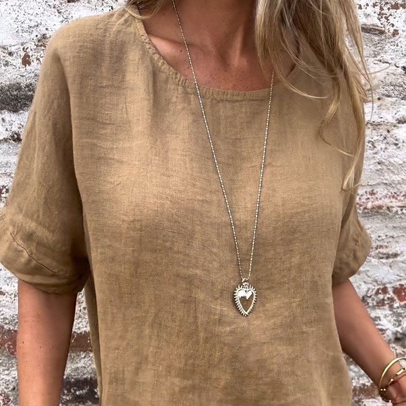 Yashira - بلوزة قطنية من الكتان برقبة مستديرة