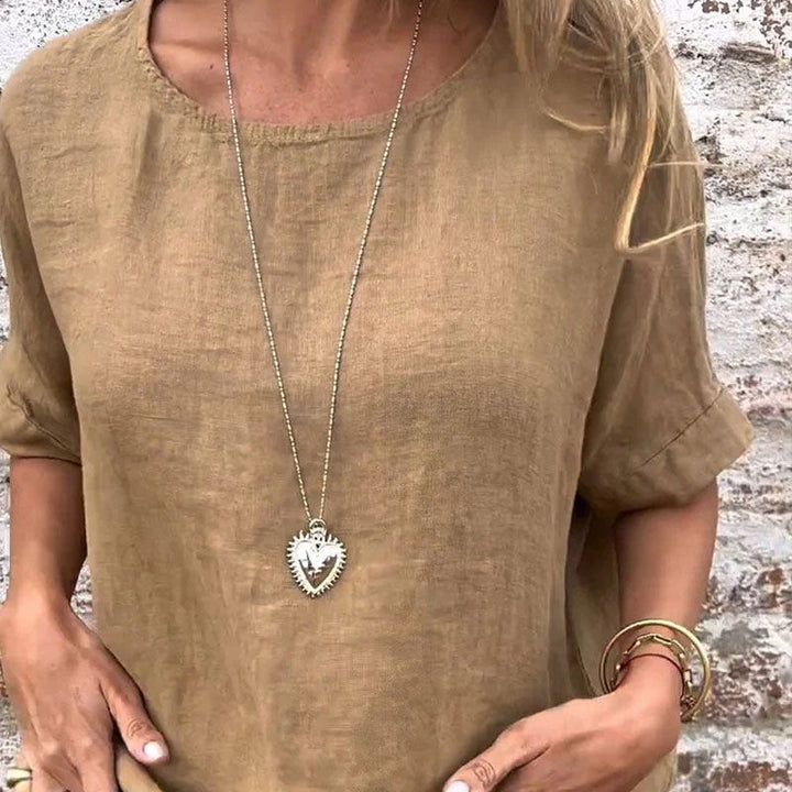 Yashira - بلوزة قطنية من الكتان برقبة مستديرة